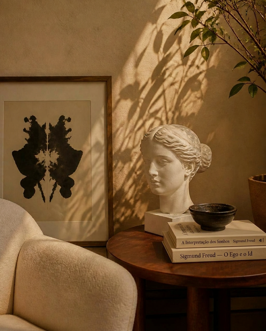 Obras Completas de Sigmund Freud e The Ego and the Id sobre uma mesa de madeira